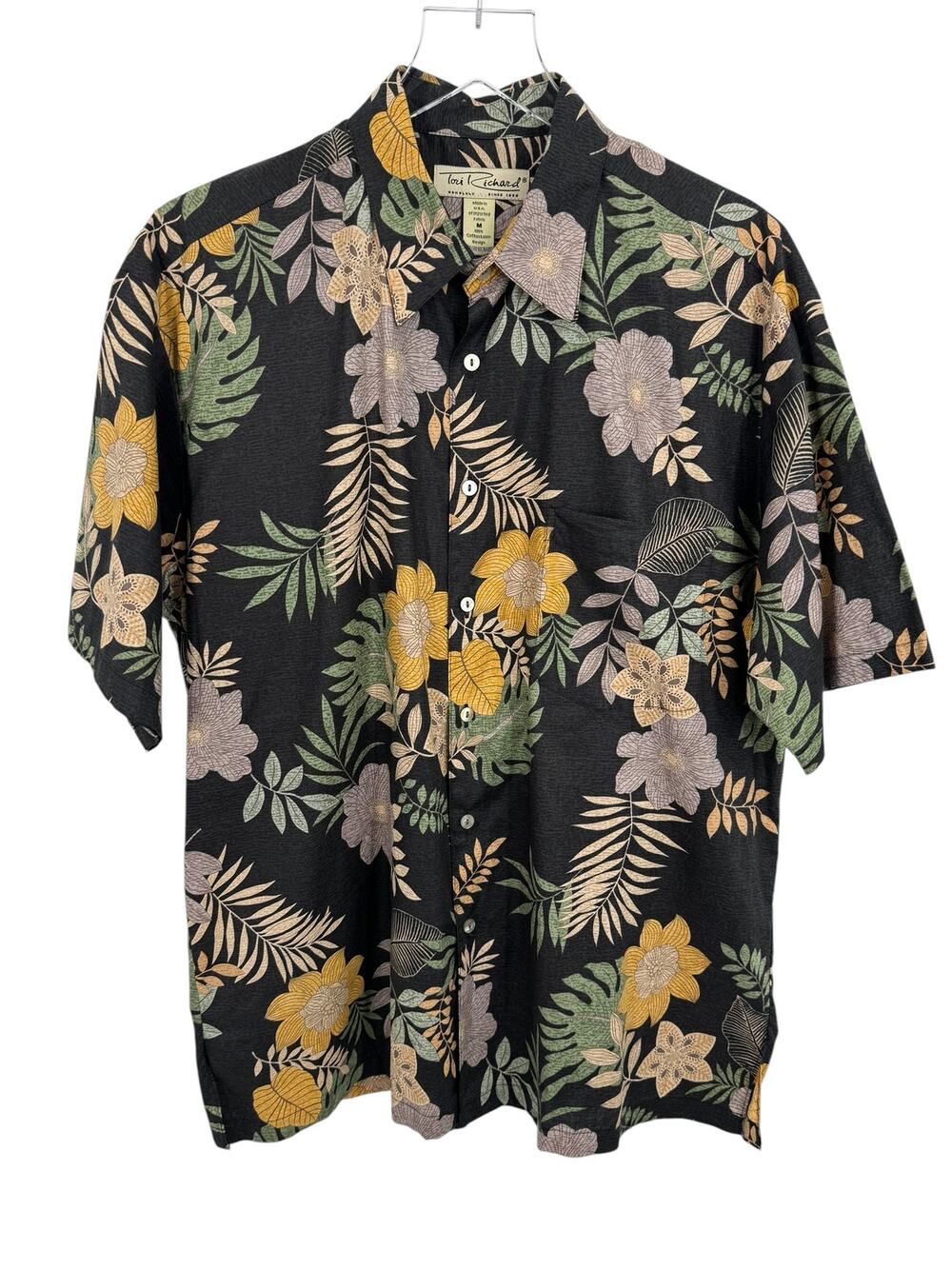 Tori Richard shirt men's M cotton lawn button front black floral Hawaiian beach